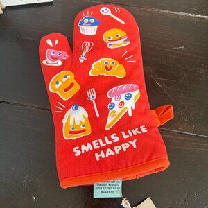Blue Q "Smells Like Happy" Red Oven Mitt with Fun Food Graphics New Tags